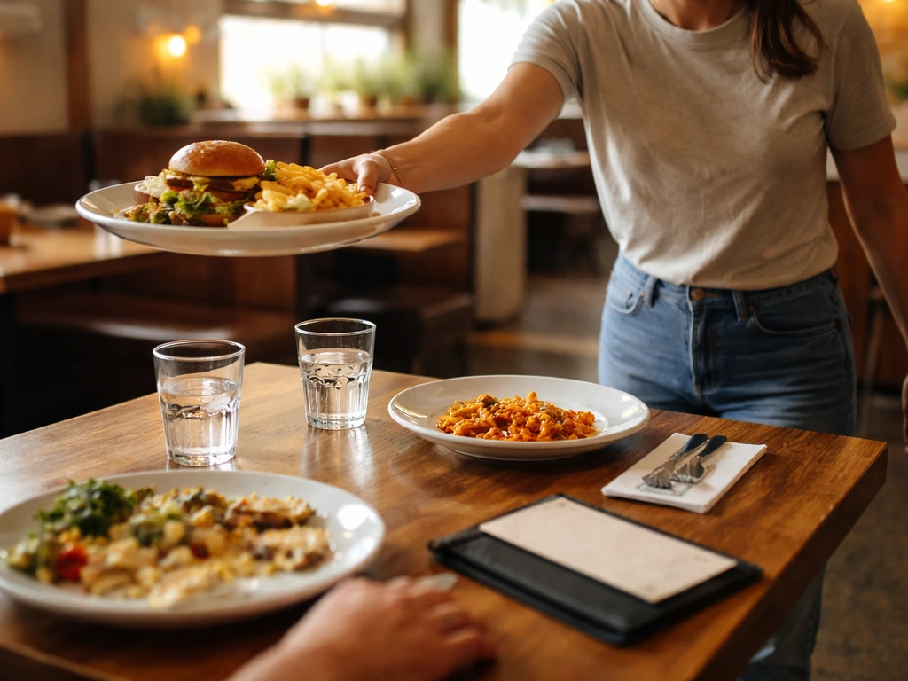 Wait staff holding a platter while diners’ plates and a menu/bill folder sit on the table.