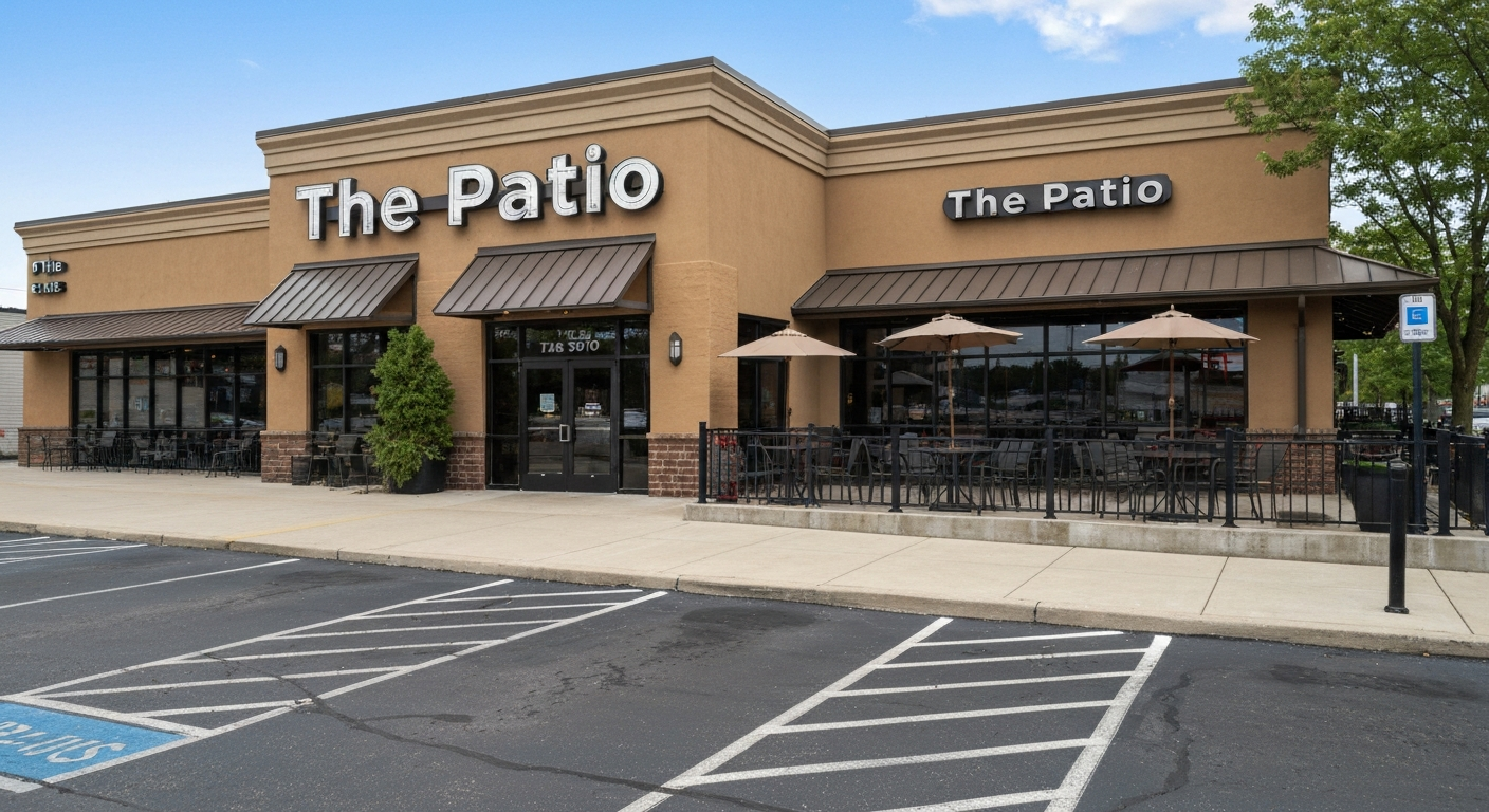 Exterior shot of The Patio restaurant at 7206 E. Washington St., Indianapolis, showing outdoor patio seating and signage.