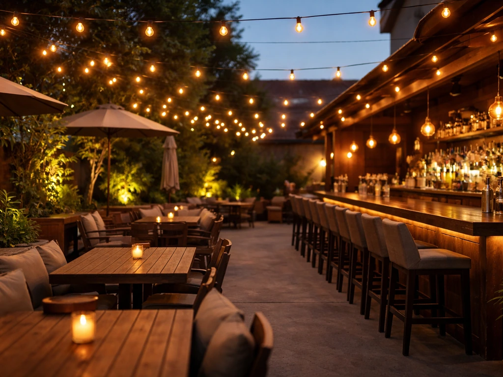 Vibrant evening outdoor patio with warm lights, bar seating, and an inviting grill atmosphere