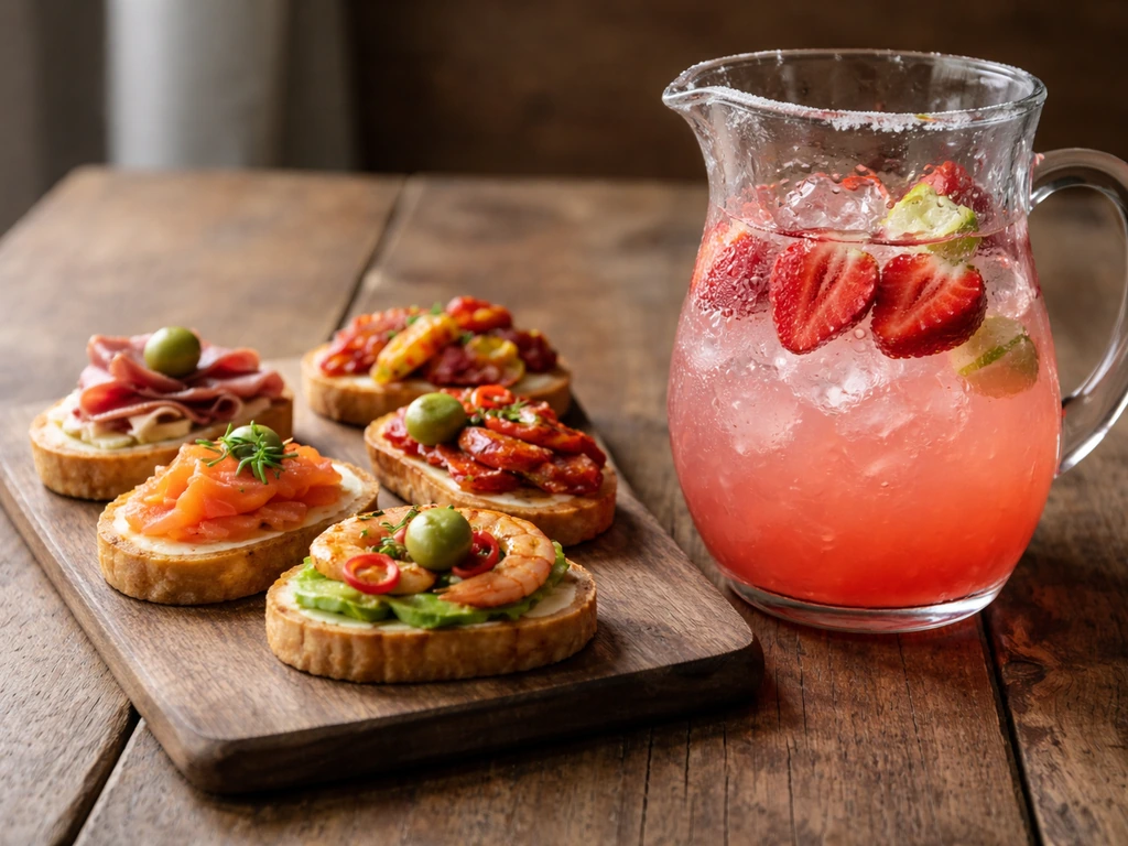 Close-up spread of mixed pinchos and a strawberry margarita pitcher on a rustic table.