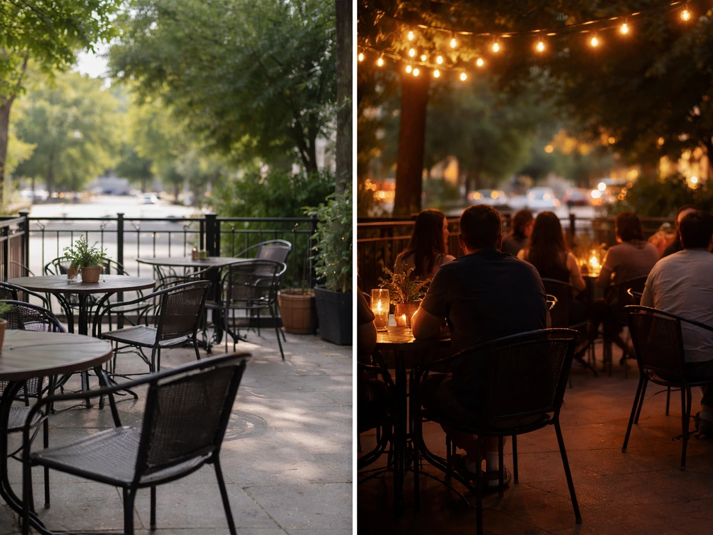 Patio split between calm early afternoon and lively evening crowds, warm lights and empty chairs.