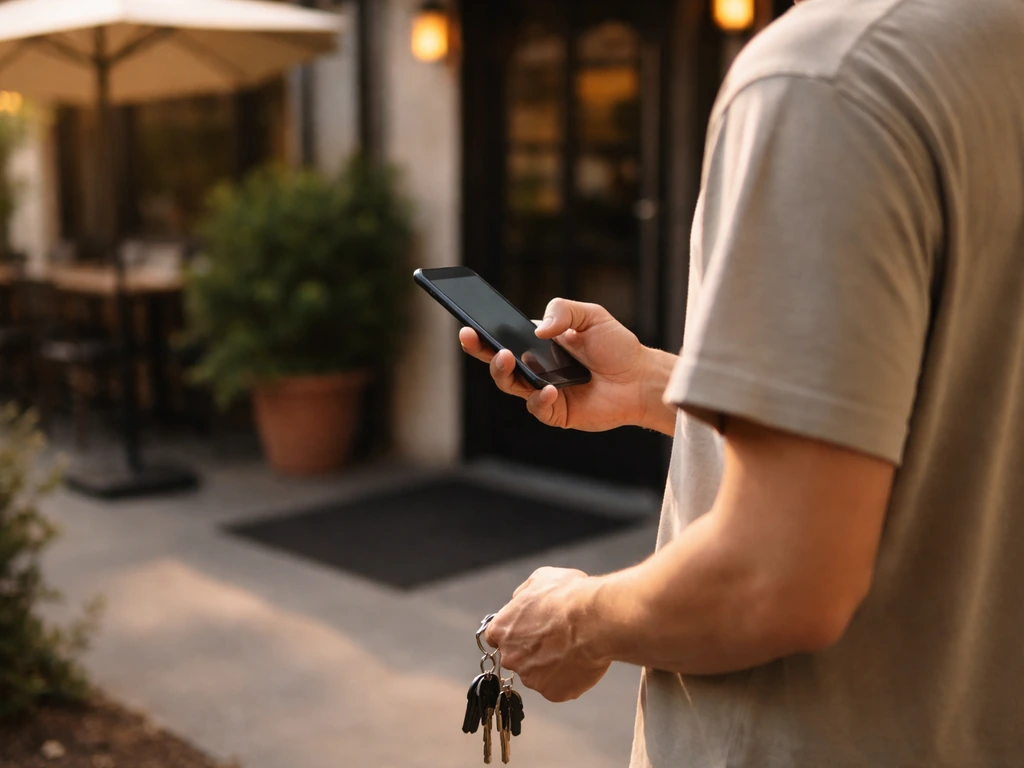 Person checking a phone while holding keys near a restaurant door, suggesting a pre-visit confirmation checklist.