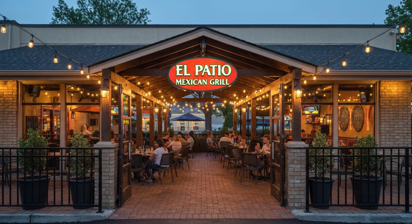 Outdoor patio seating at El Patio Mexican Restaurant Shreveport with string lights