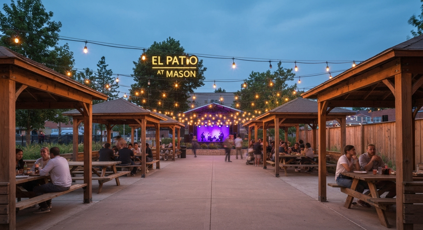 Dusk wide-angle view of El Patio at Mason outdoor food park with covered gazebos, string lights, and people dining.