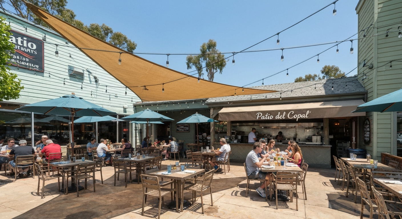 Wide shot of Patio del Copal's outdoor patio with tables and diners during a sunny weekend brunch.