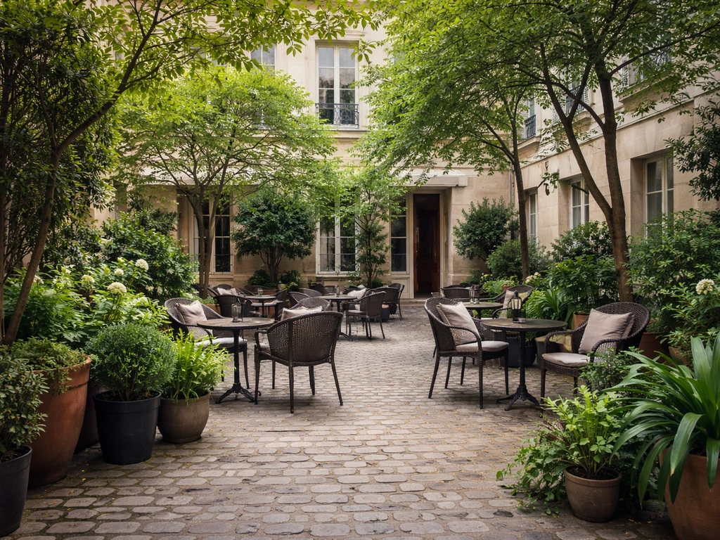 Wide view of a green courtyard at Le Patio Bastille in Paris with cobblestones and patio seating.