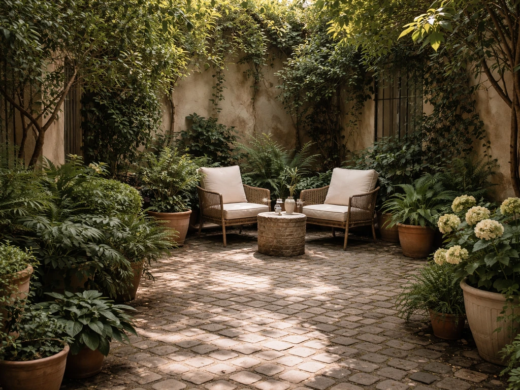 Green courtyard with cobblestone paths and shaded outdoor seating surrounded by plants