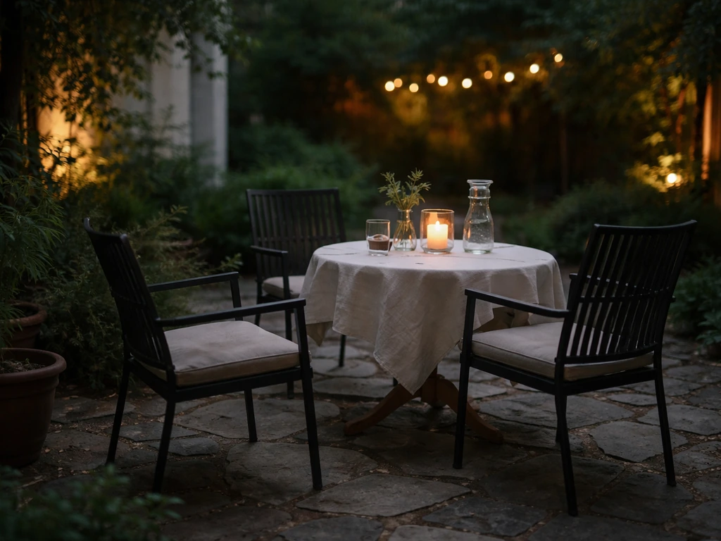 Quiet evening patio courtyard with soft dusk lighting and one candle glowing on a simple table.