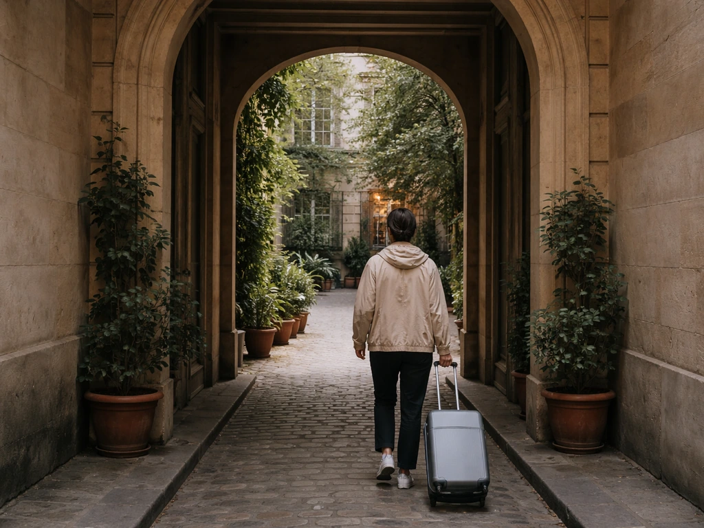 Traveler with a small suitcase arrives near a quiet Paris courtyard entrance