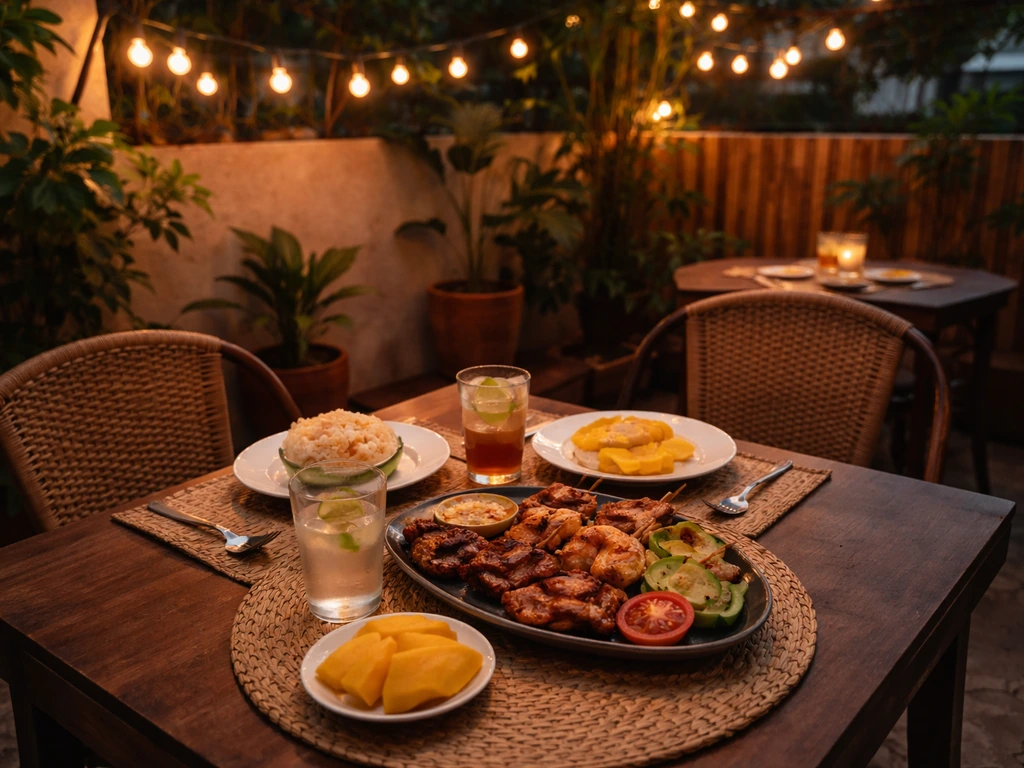 Warm outdoor Filipino patio dining table with grilled food, rice, and string lights at dusk.