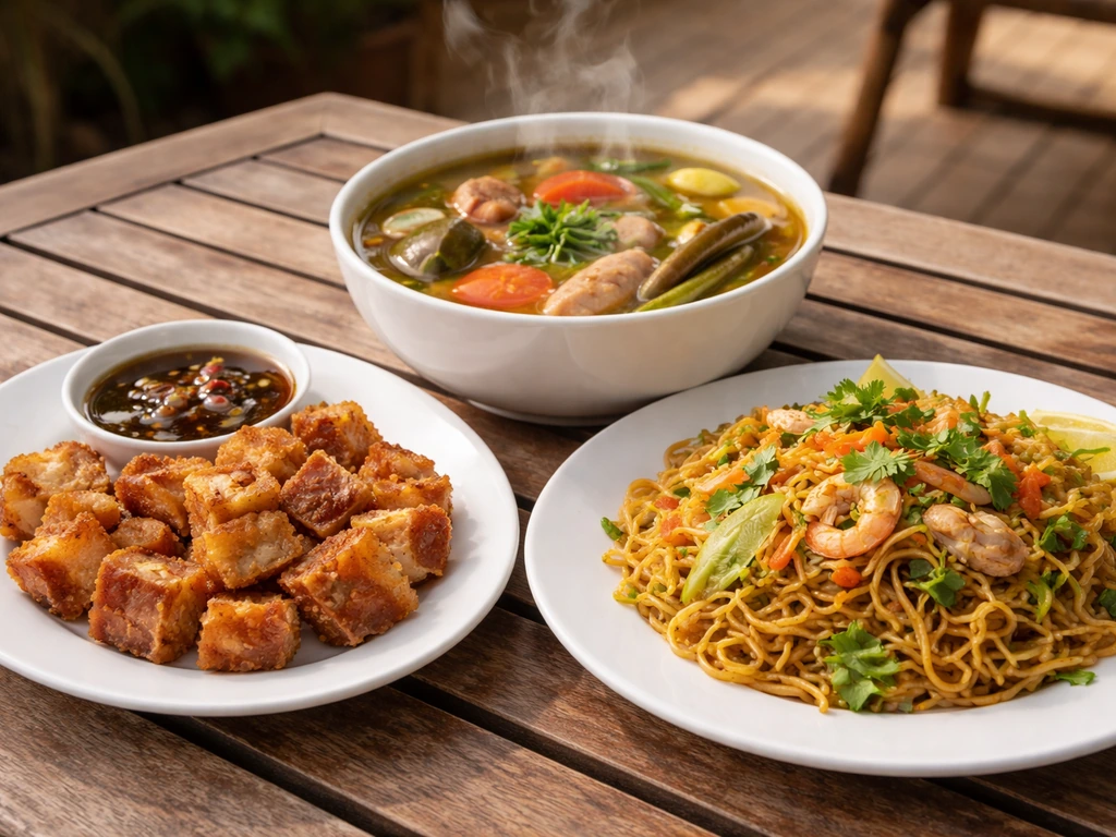 Plated Filipino patio favorites—lechon kawali, sinigang, and pancit—on a simple table setting.