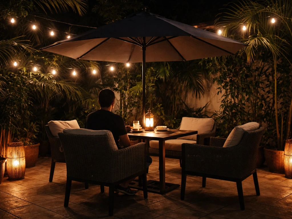 Night patio dining under a shaded umbrella with comfortable chairs and warm string lights.