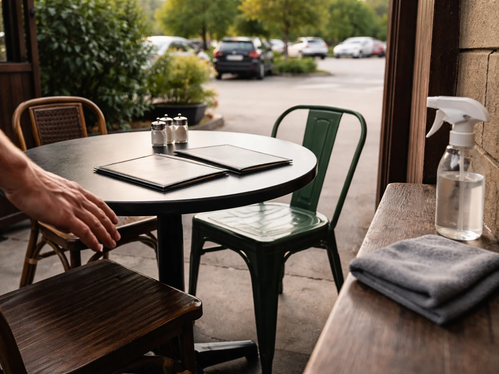 Close-up view of an empty patio table area, a parking entry sign, and a cleaning checklist vibe