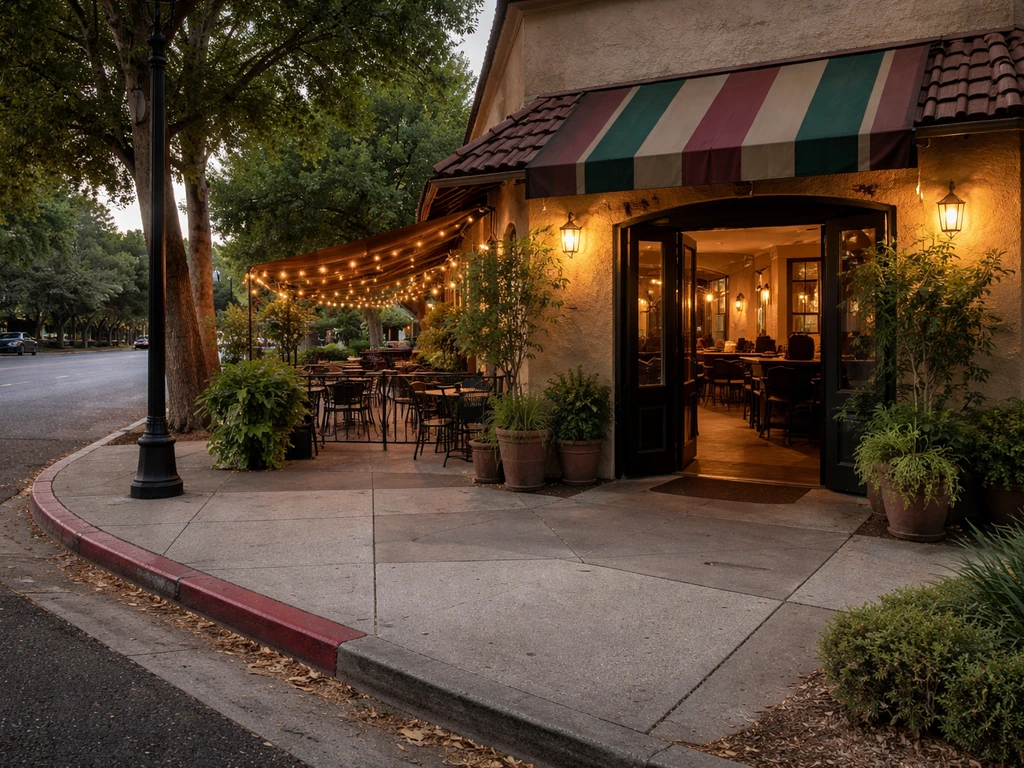 Street-corner view of a Mexican restaurant entrance with a bright outdoor patio in East Sacramento.