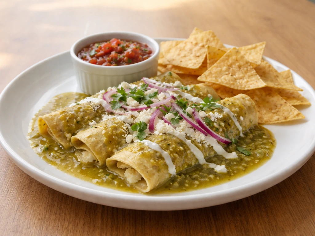 Plate of green enchiladas with chips and salsa on the side, showing generous portions.