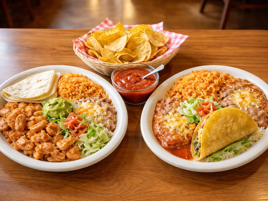 Combo plates with generous portions next to chips and salsa on a simple restaurant table