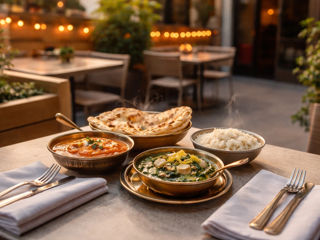 Sunlit outdoor Indian restaurant patio with warm lights and vibrant plated dishes on a table