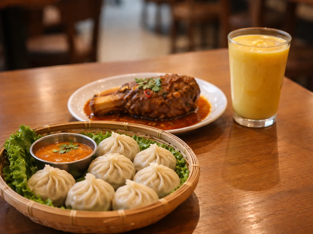 Plate of momo dumplings, lamb shank, and a small glass of mango lassi on a minimal table.