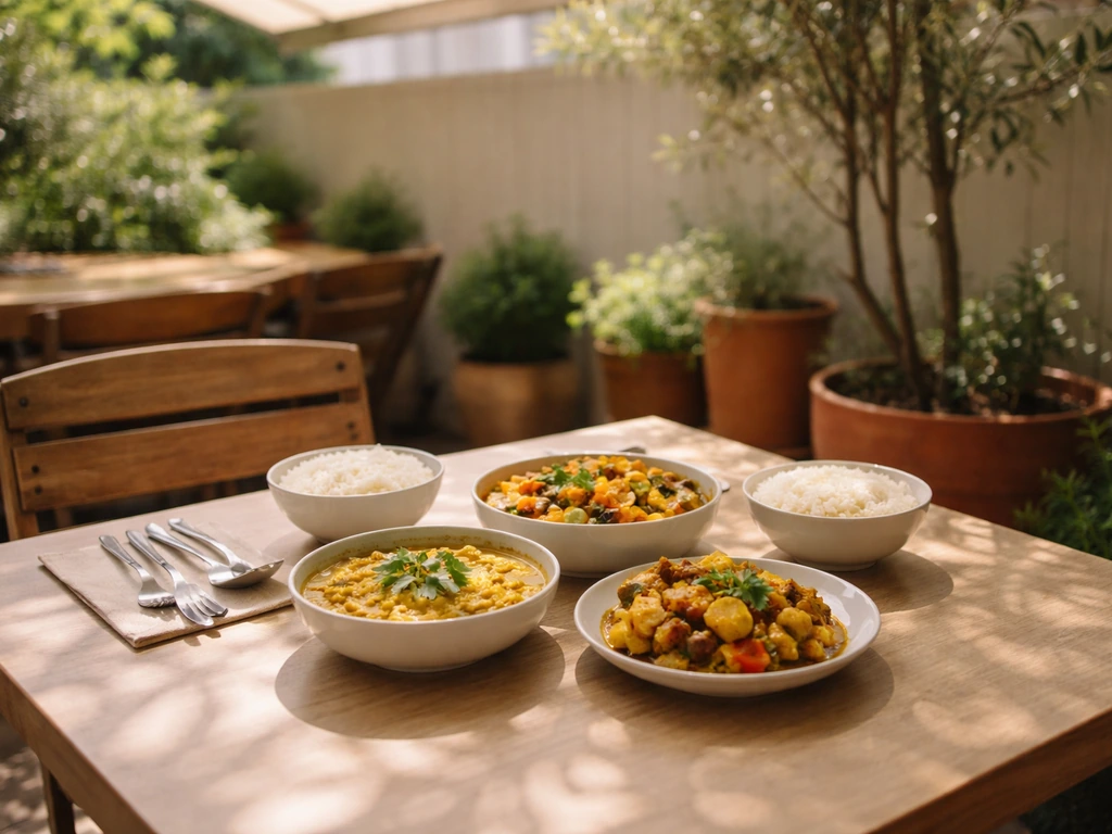 Sunny patio lunch for two with bowls and plates on a small table