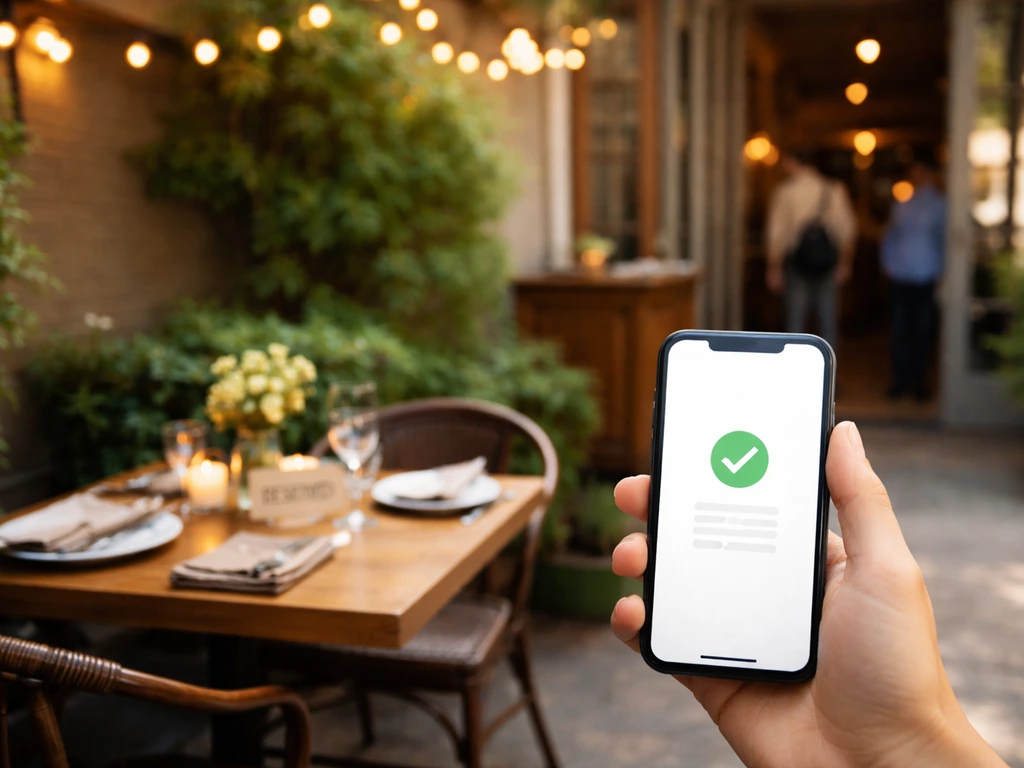Hand holding a smartphone near a reserved patio table at lunchtime, warm inviting restaurant ambiance.
