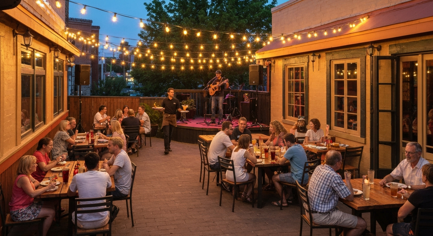 Evening view of a cozy outdoor patio with string lights, diners at wooden tables, and a small acoustic band playing in the background.