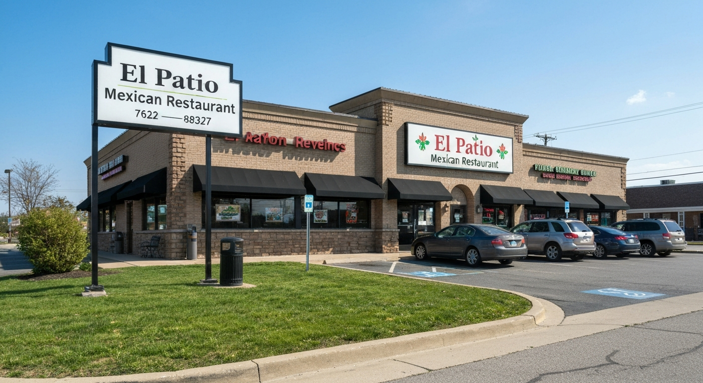 Exterior storefront of El Patio Mexican Restaurant, 7622 Highland Rd, Waterford Township, MI, showing signage and parking lot