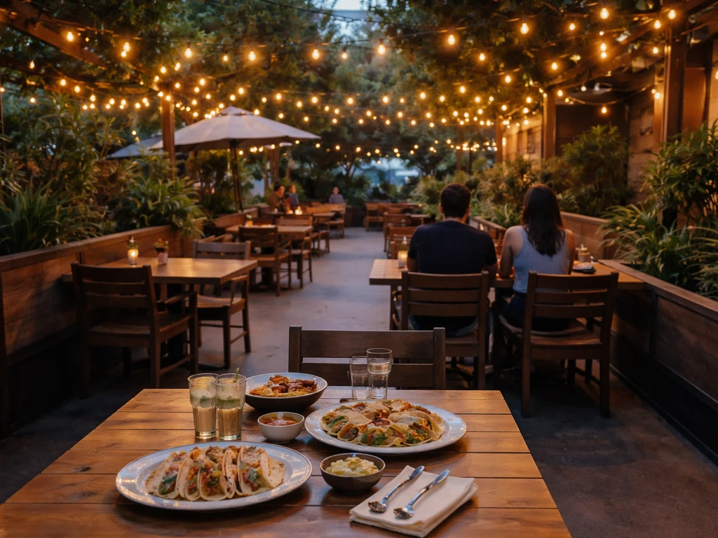 Warm taco patio dining scene at dusk with string lights, tables, and anonymous diners silhouettes.