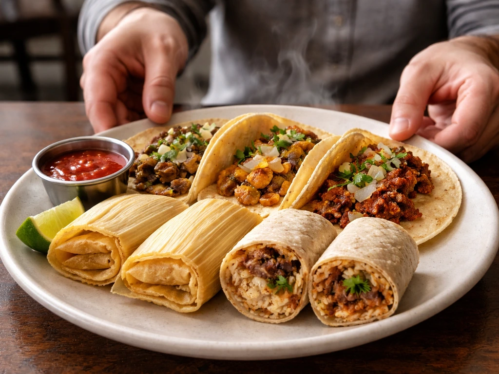 Plated assortment of tacos, burritos, and tamales with fresh salsa and lime on a simple table.