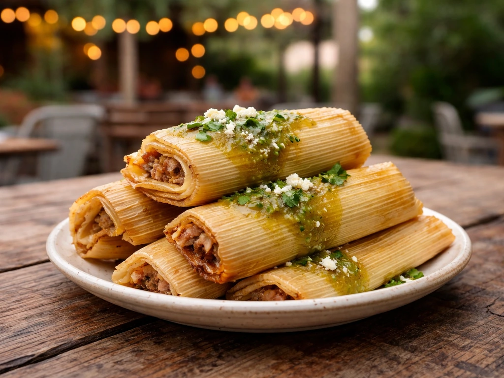 Close-up of fresh tamales on a plate with softly blurred outdoor patio ambiance in the background.