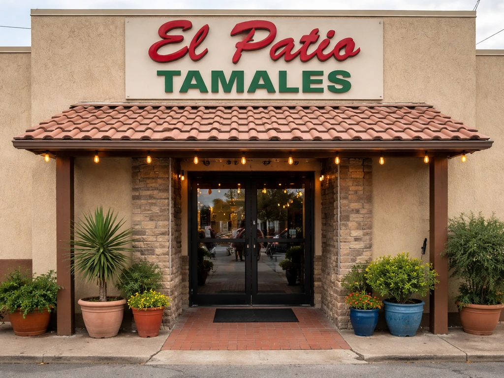 Exterior storefront of a Mexican restaurant with El Patio/Tamales signage near an Oklahoma City intersection.