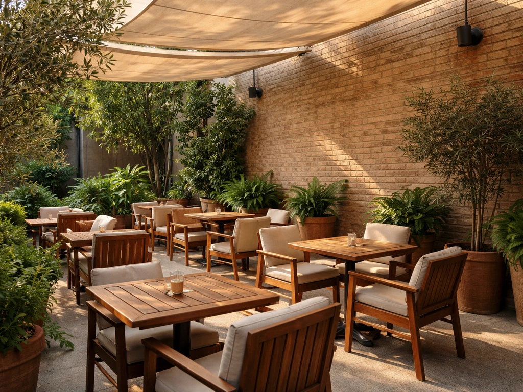 Quiet outdoor patio seating under an awning with neatly arranged tables and chairs.