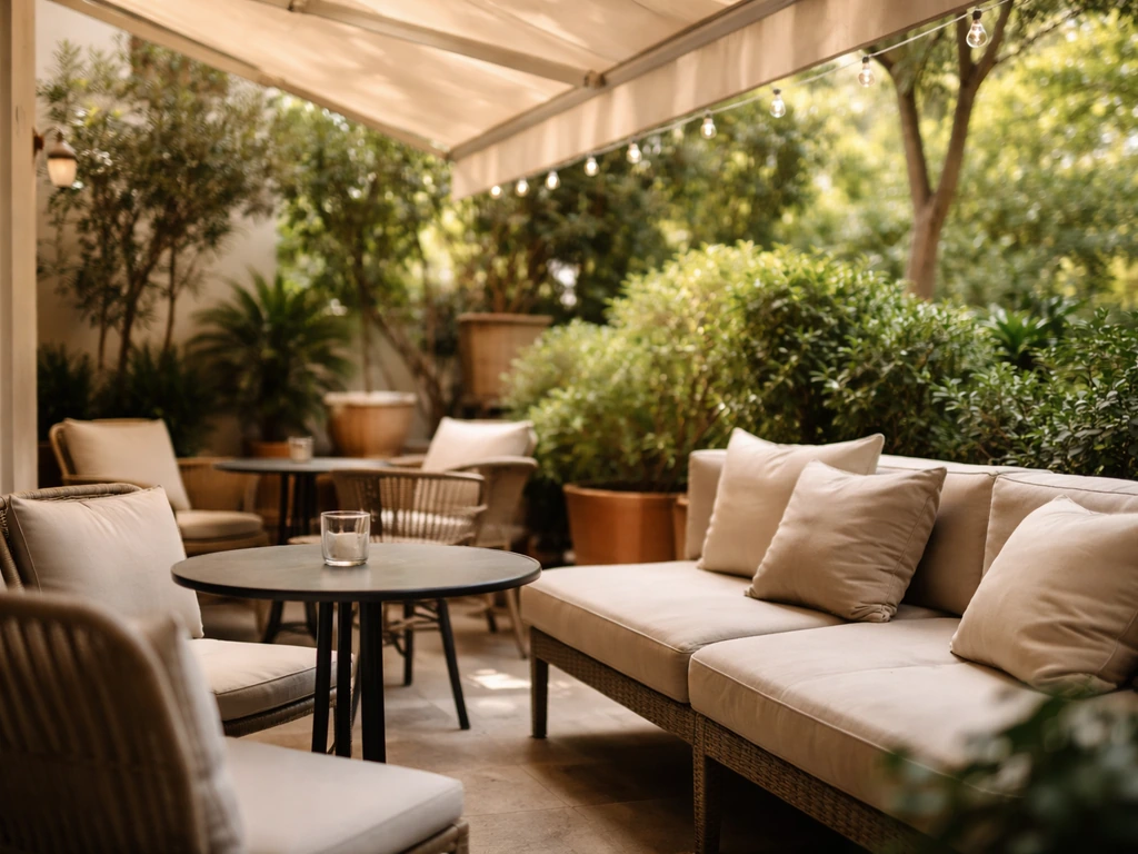 Welcoming outdoor patio seating with shaded awning and plants, evoking comfort and relaxed vibes.