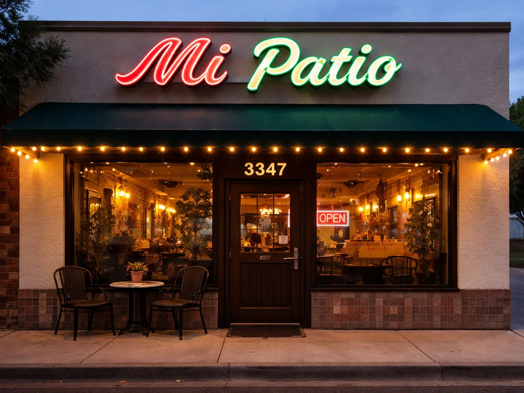 Street-level view of a Mexican restaurant storefront with a clear street address on the sign and windows.