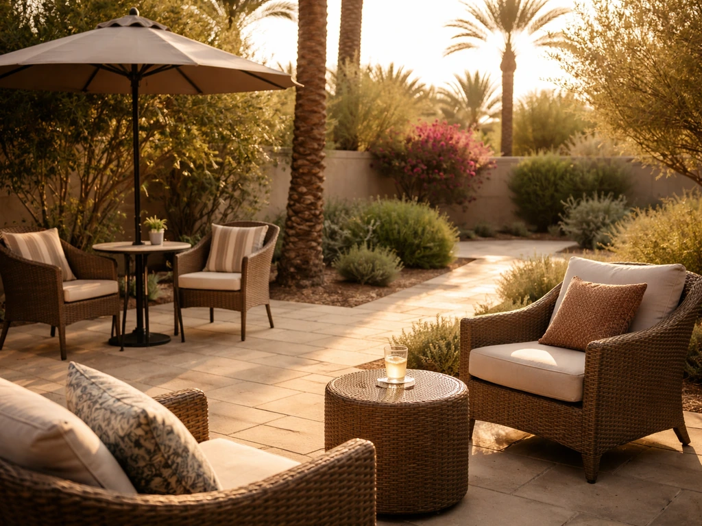 Outdoor patio with cushioned chairs and tables, showing shade from an umbrella and warm natural light.