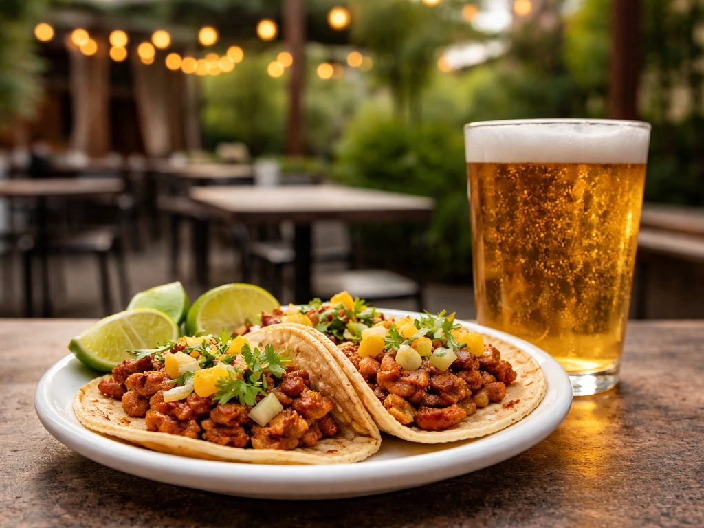 Foreground tacos and a cold beer on a plate, with a warm outdoor patio softly blurred behind.