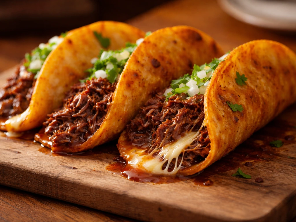 Close-up of three quesabirria tacos with melted cheese and birria sauce on a wooden board.