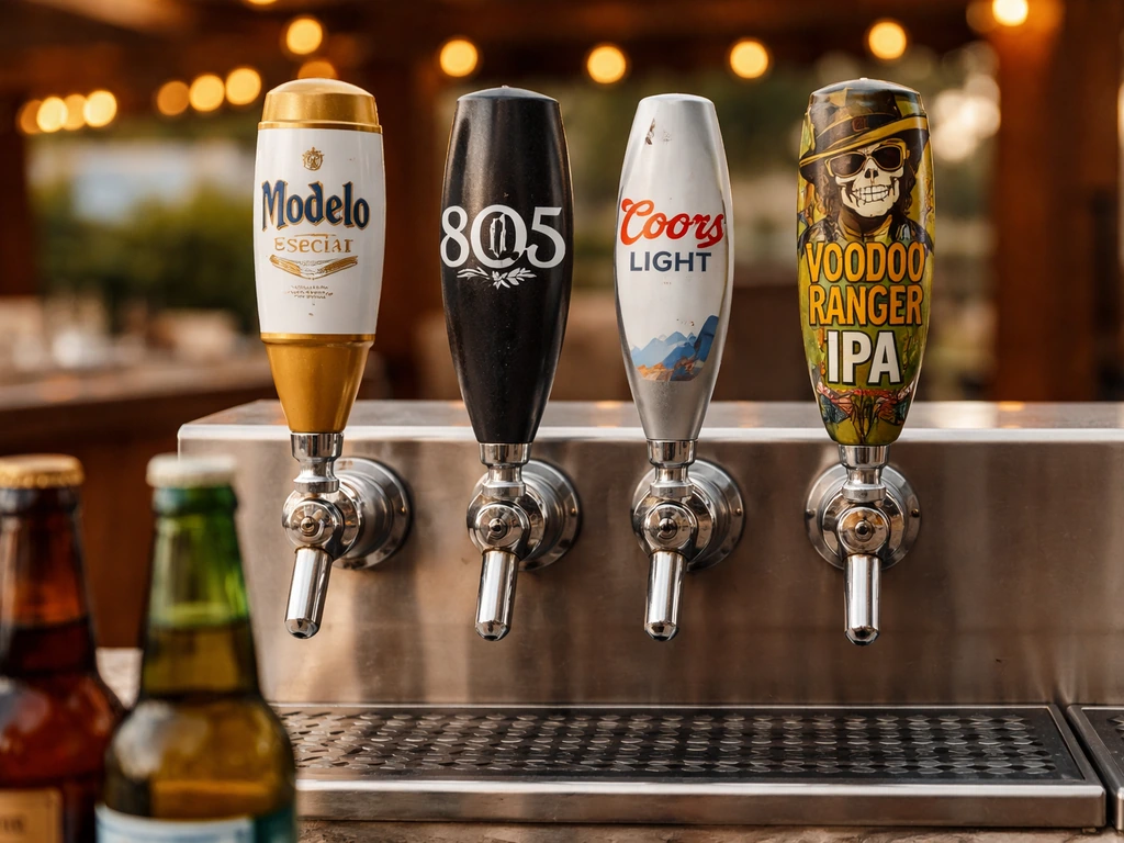 Close-up of a bar beer lineup with four labeled draft handles in a simple, warm El Patio-style setting.