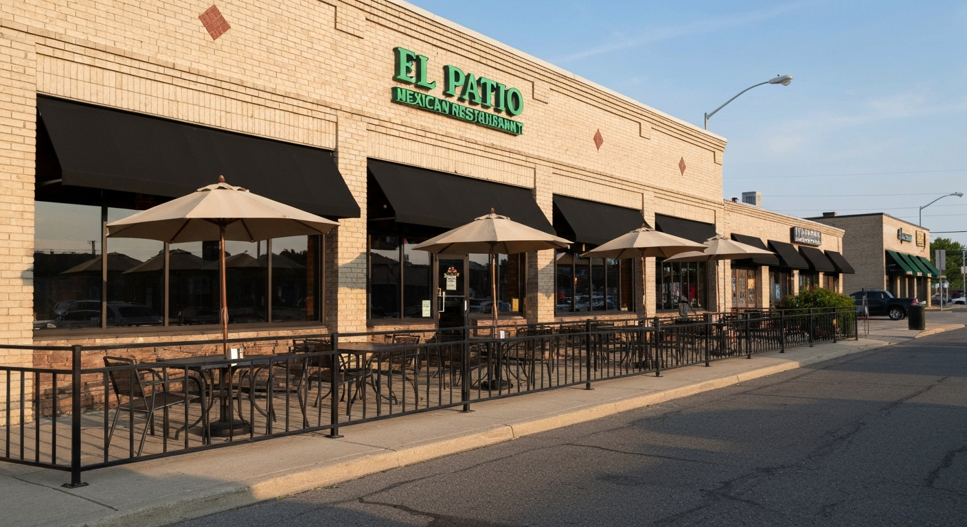 Exterior view of El Patio Mexican Restaurant showing street-facing patio with umbrella-shaded tables and restaurant frontage at 38503 W 10 Mile Rd, Farmington Hills.