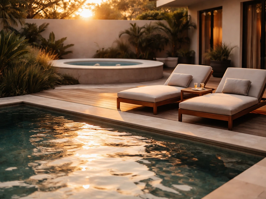 Golden hour view of Patio Elba outdoor pool and jacuzzi terrace with lounge seating and warm ambiance.