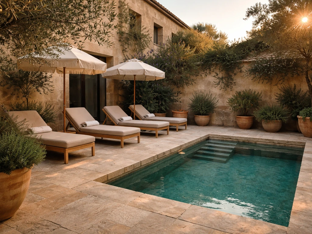 Wide view of a quiet Patio Elba terrace with a small pool and lounge seating in warm daylight.