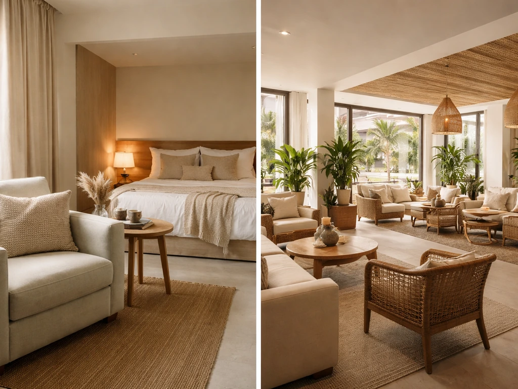 Two-part view showing a suite living/sleeping layout next to a larger main-venue lounge area.