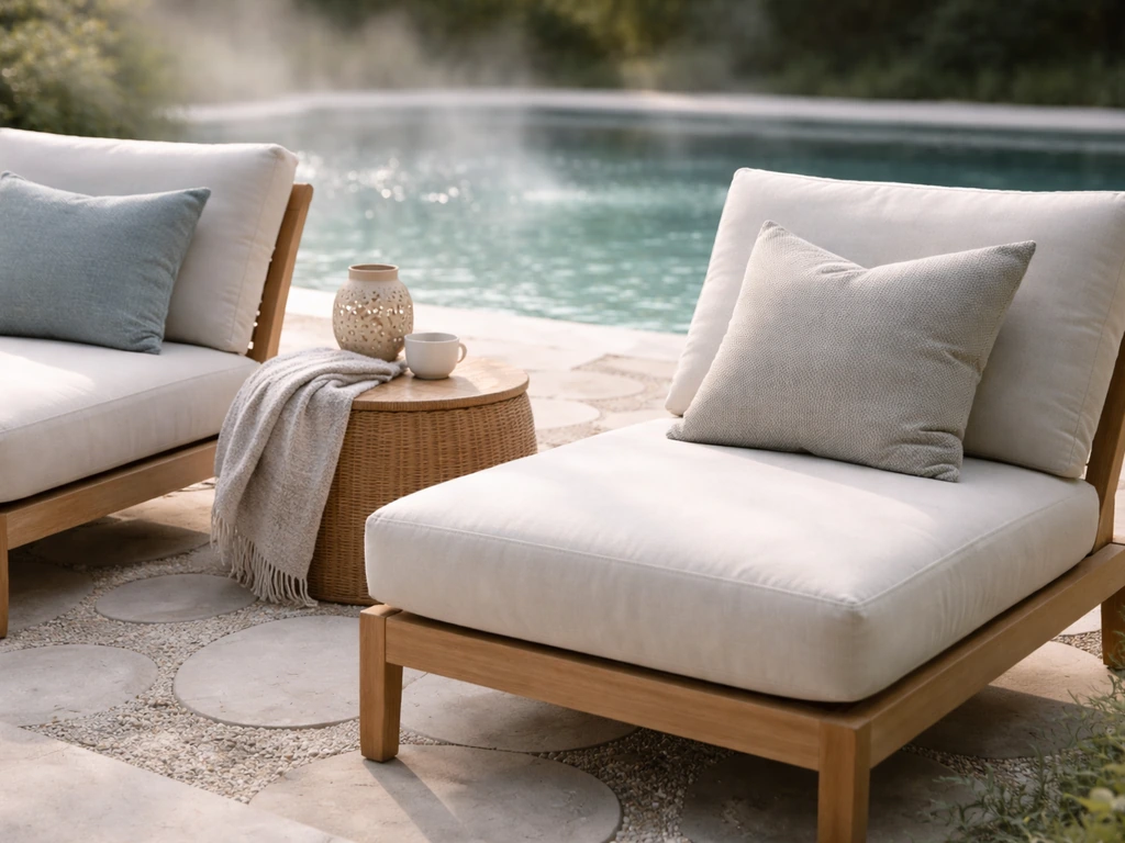 Relaxed outdoor terrace seating near a quiet pool with soft lighting and comfortable cushions