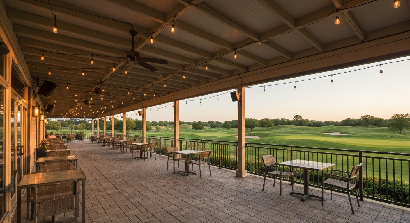 Exterior view of The Patio at Mountain View's open-air terrace and covered patio overlooking the golf course at sunset.
