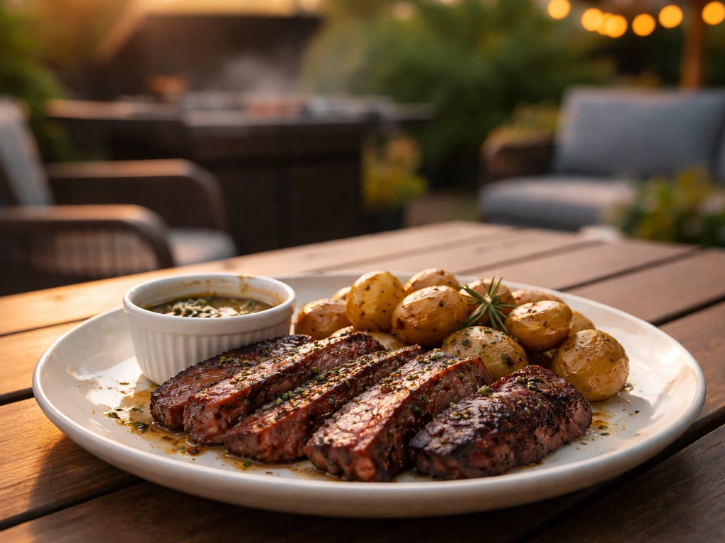 Plated beef entree on an outdoor patio near a grill, evoking choosing what to order for patio beef reviews.