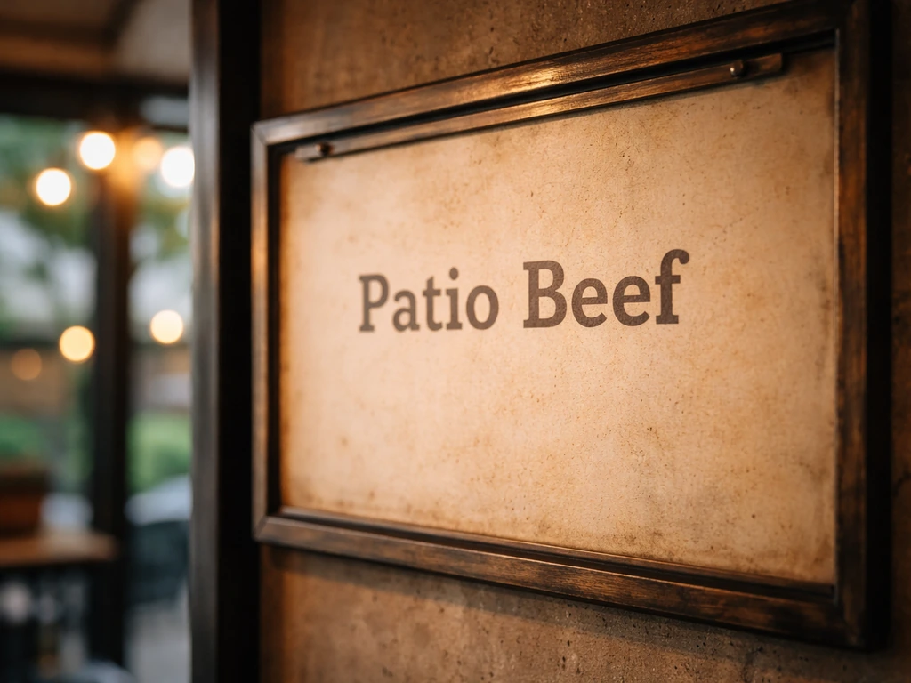 Close-up of a restaurant menu board showing the words “Patio Beef” in Chicago.