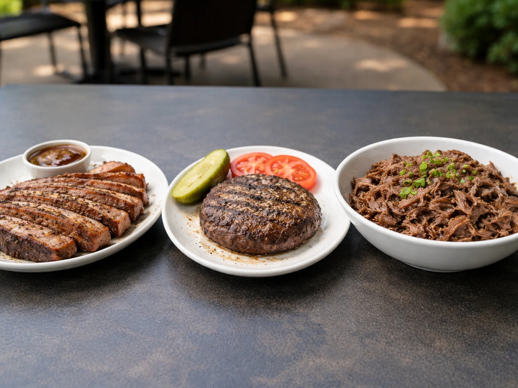 Three plates of beef dishes on a patio table, focusing on sliced steak, burger, and shredded beef