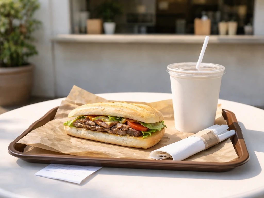 Counter-service lunch setup with a quick takeaway tray on a simple patio table