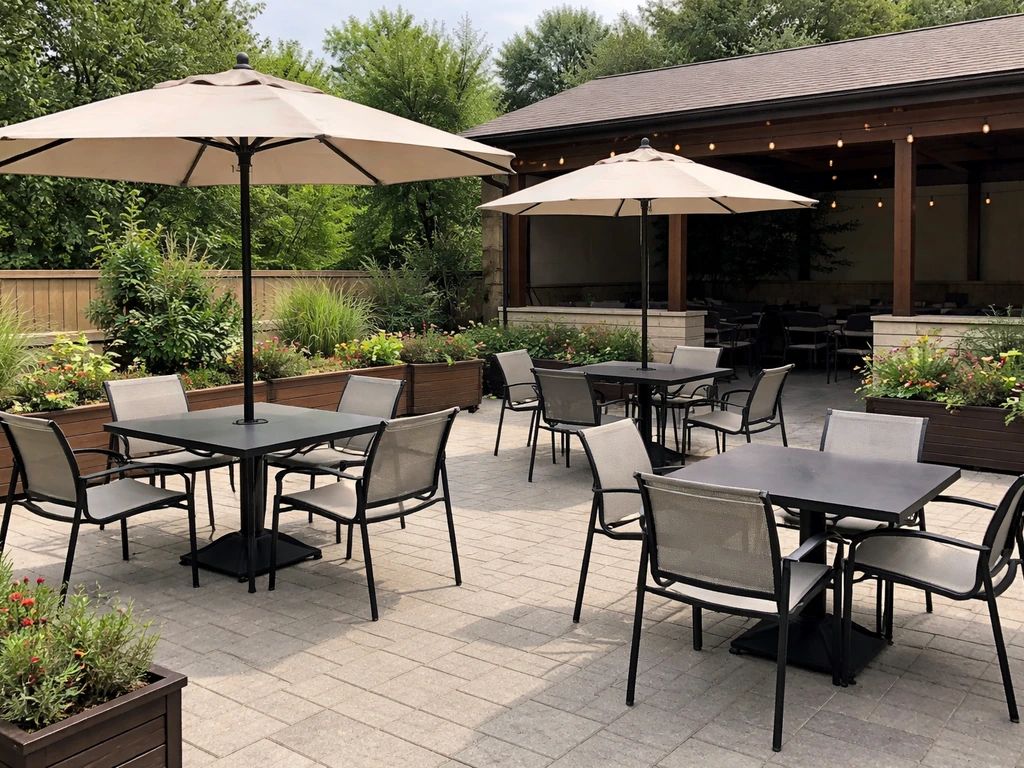 Quiet outdoor patio with tables, chairs, and umbrellas providing shade in a casual dining setting.