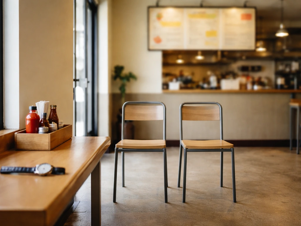 Minimal eatery wait area with chairs and a defocused pricing sign near the entrance, no people present.