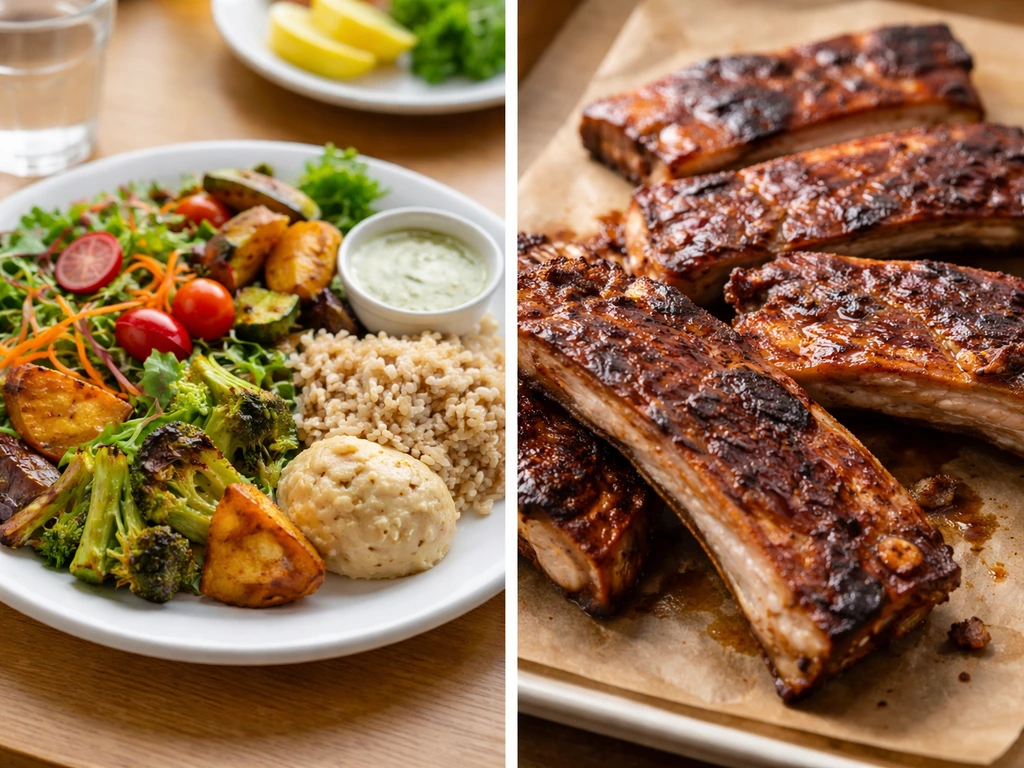 Split view of a vibrant casual meal plate and a close-up of dry overcooked ribs, suggesting menu pros vs BBQ cons.
